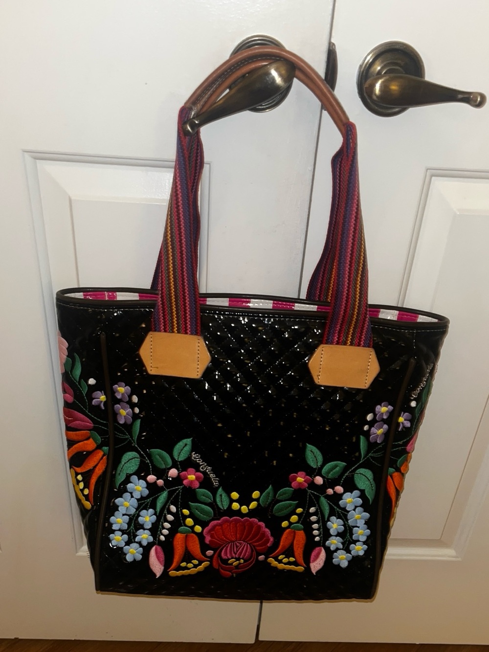 Embroidered Floral Black Tote Bag with Striped Handles